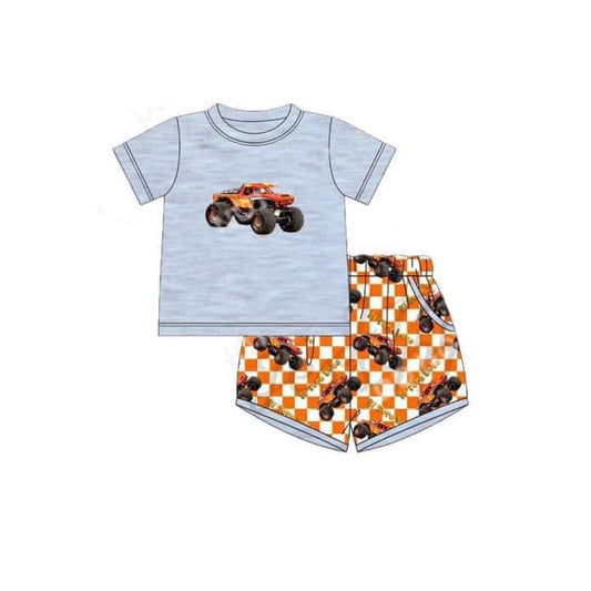 Preorder Baby Boy Short Sleeves Grey Truck Shirt Checkered Shorts Clothes Set