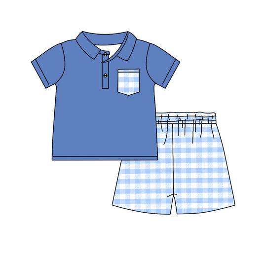 Preorder Baby Boy Short Sleeves Blue Pocket Shirt Plaid Shorts Clothes Set