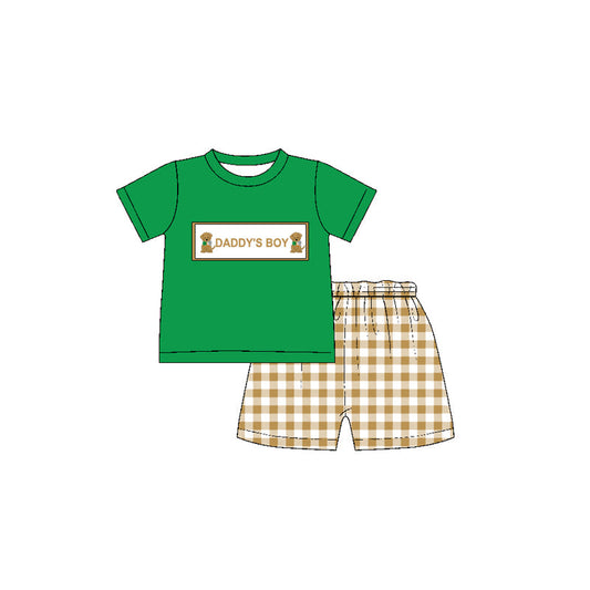 Preorder Baby Kids Short Sleeves Daddy's Boy Dogs Green Shirt Plaid Shorts Clothes Set