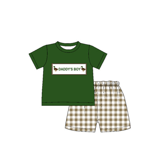 Preorder Baby Kids Short Sleeves Daddy's Boy Ducks Green Shirt Plaid Shorts Clothes Set