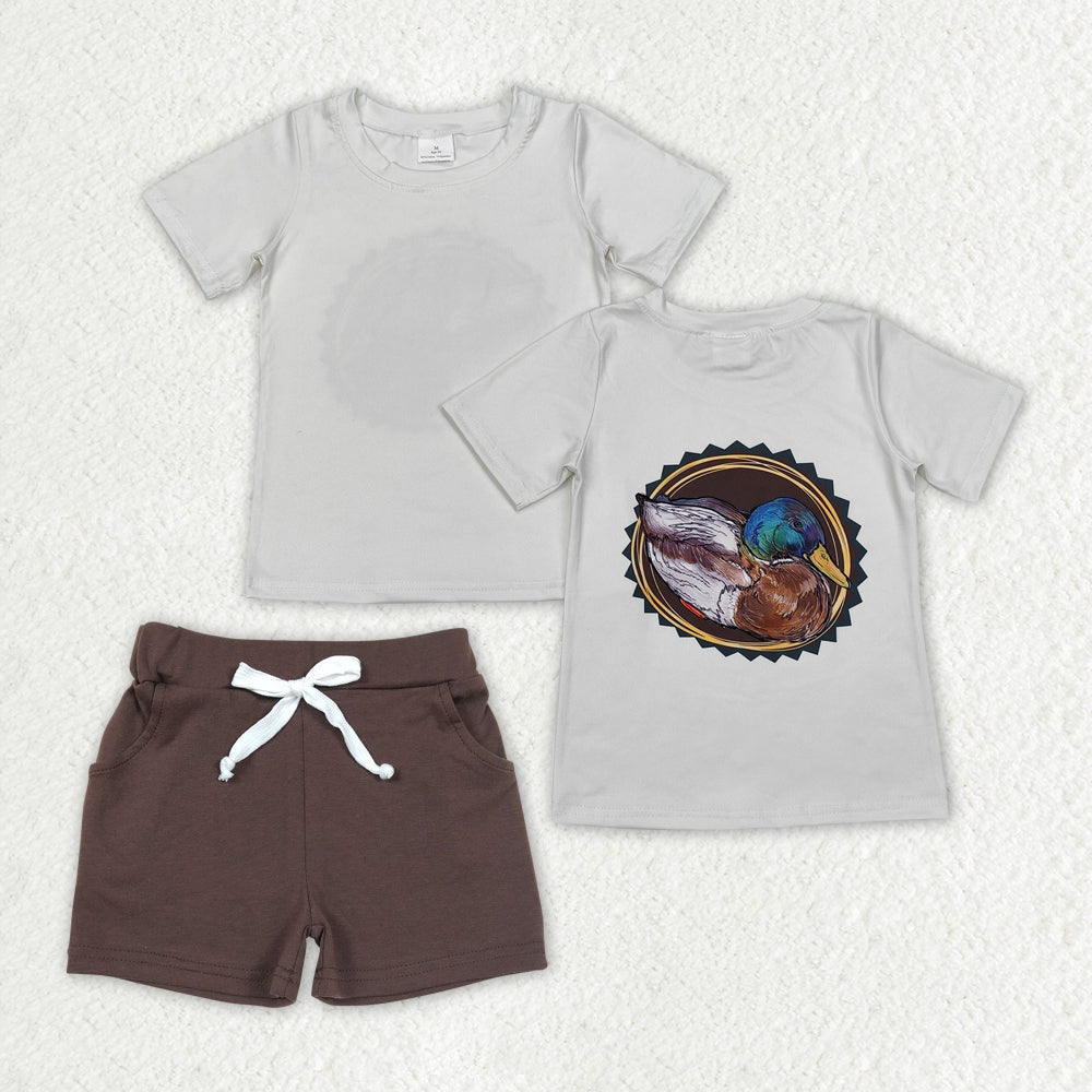 Baby Boy Short Sleeves Duck Shirt Pocket Brown Cotton Shorts Clothes Hunting Set