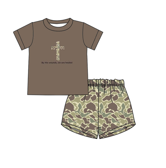 Preorder Baby Boy Short Sleeves Easter Cross Brown Shirt Camo Shorts Clothes Set