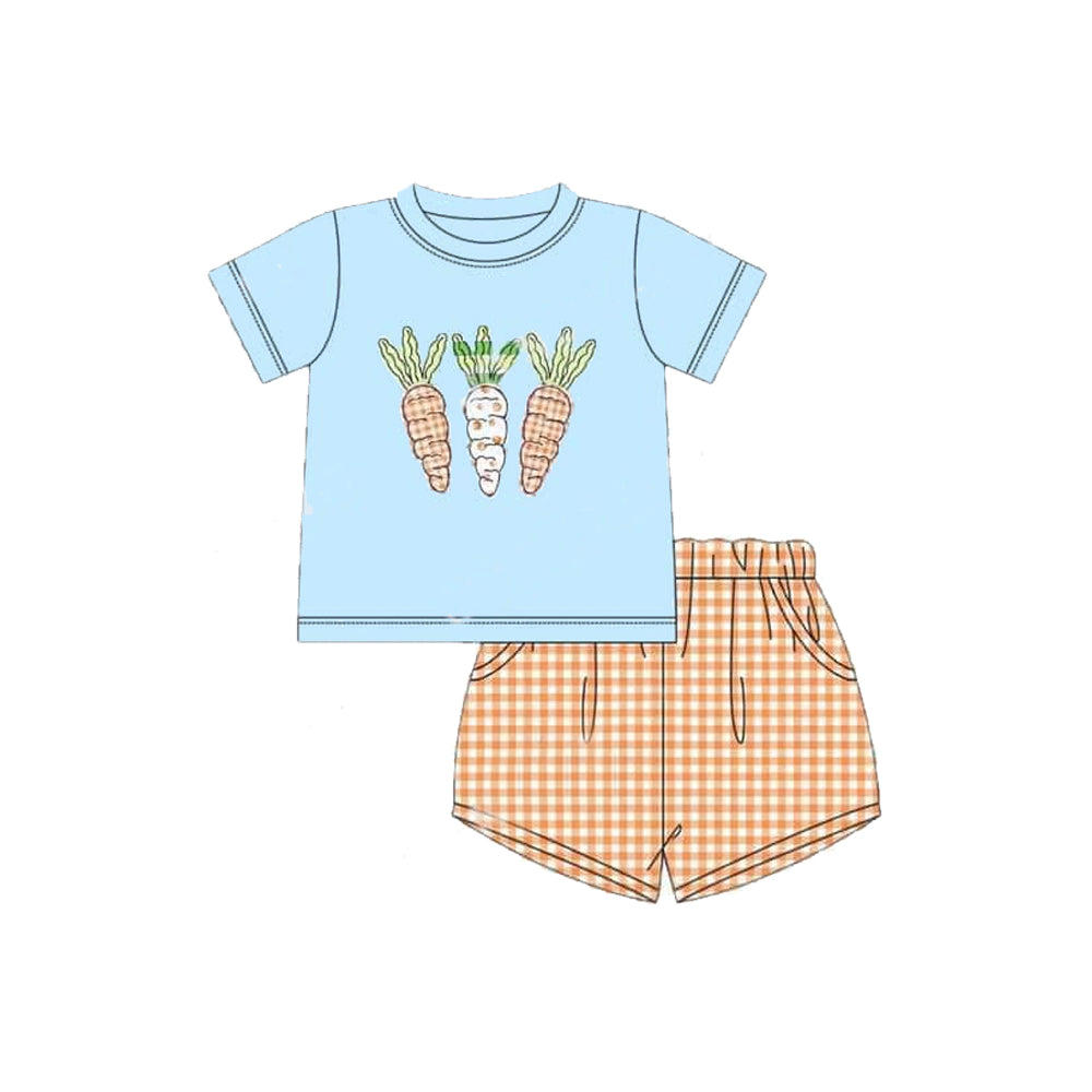 Preorder Baby Boy Short Sleeves Carrots Easter Shirt  Pocket Plaid Shorts Clothes Set