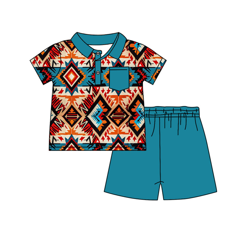 Preorder Baby Boy Short Sleeves Western Aztec Pocket Shirt Blue Shorts Clothes Set