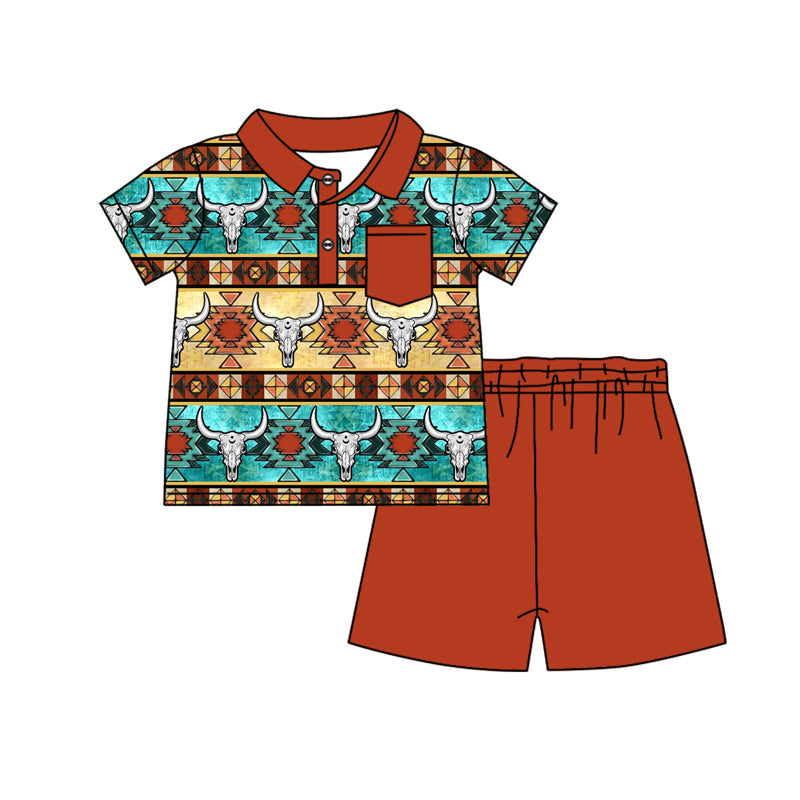 Preorder Baby Boy Short Sleeves Western Aztec Cow Pocket Shirt Shorts Clothes Set
