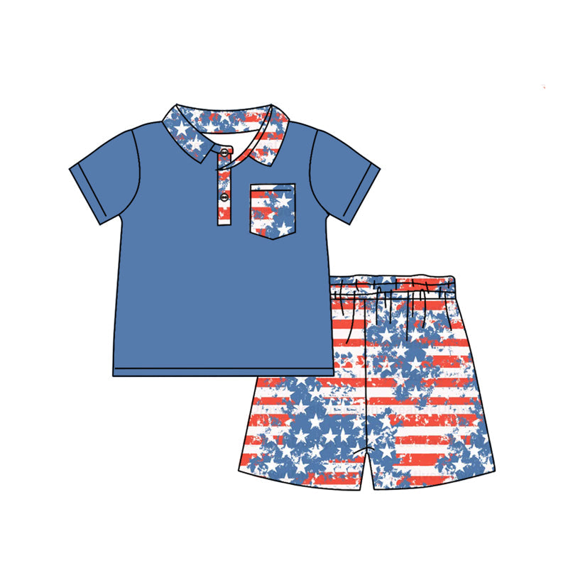 Preorder Baby Boy July 4th Short Sleeves Pocket Blue Shirt Stars Stripes Shorts Clothes Set