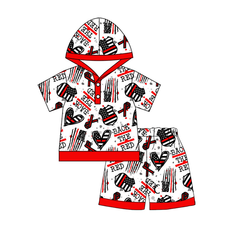 Preorder Baby Boy Short Sleeves Back The Red Flag Hoodie Shirt Shorts Clothes Set