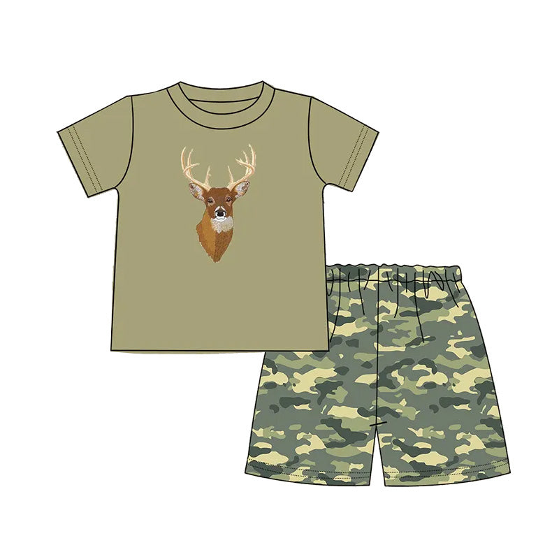 Preorder Baby Boy Short Sleeves Deer Shirt Green Camo Shorts Clothes Set