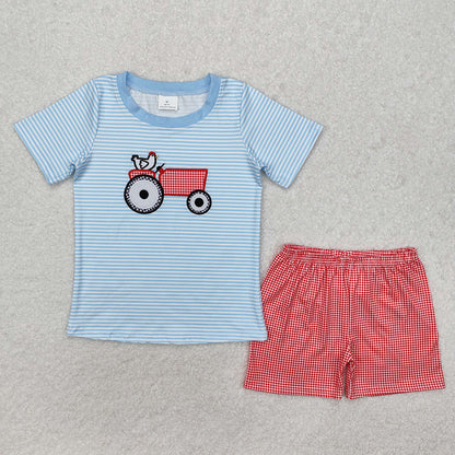 Baby Boy Girl Embroidery Farm Chicken Blue Stripes Sibling Romper Clothes Set