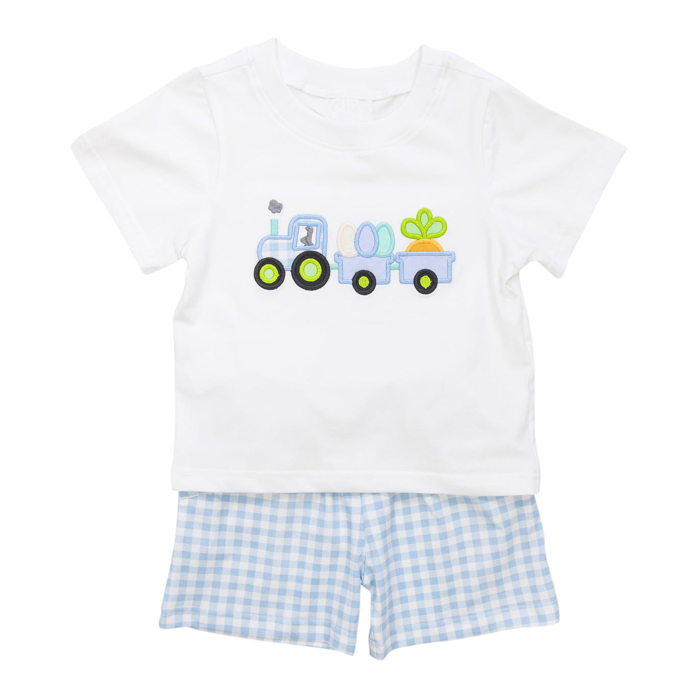 Preorder Baby Boy Short Sleeves Easter Trucks Carrots Shirt Blue Plaid Shorts Clothes Set