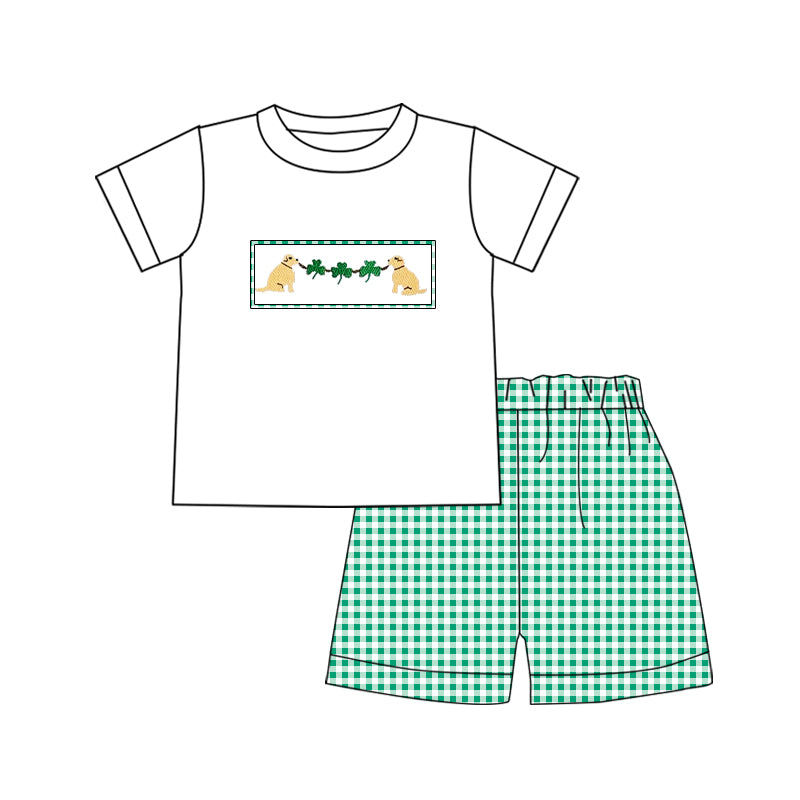 Preorder Baby Boy Short Sleeves St Patrick Dog Shirt Green Plaid Shorts Clothes Set