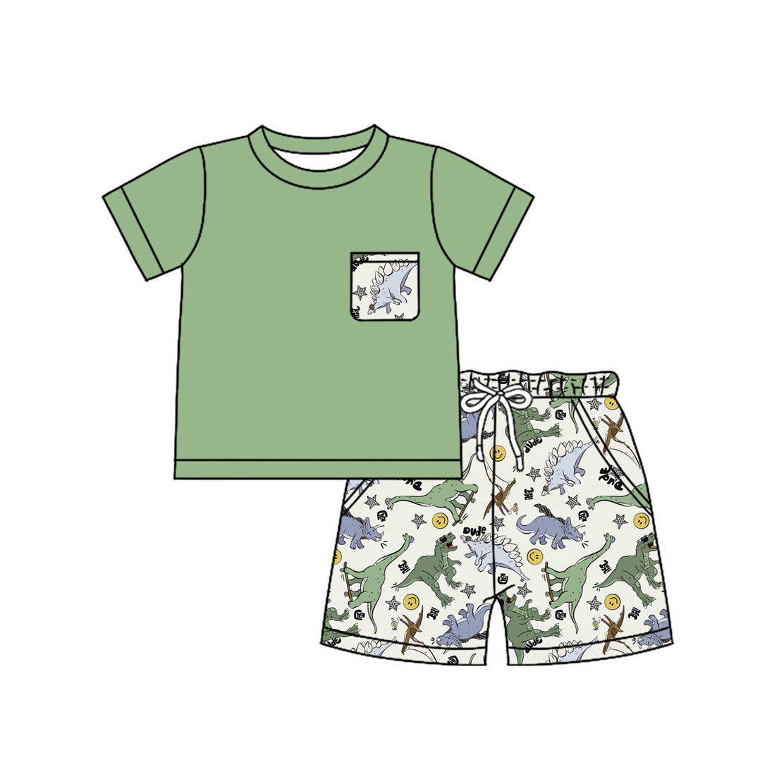 Preorder Baby Boy Short Sleeves Green Pocket Shirt Dinosaurs Shorts Clothes Set
