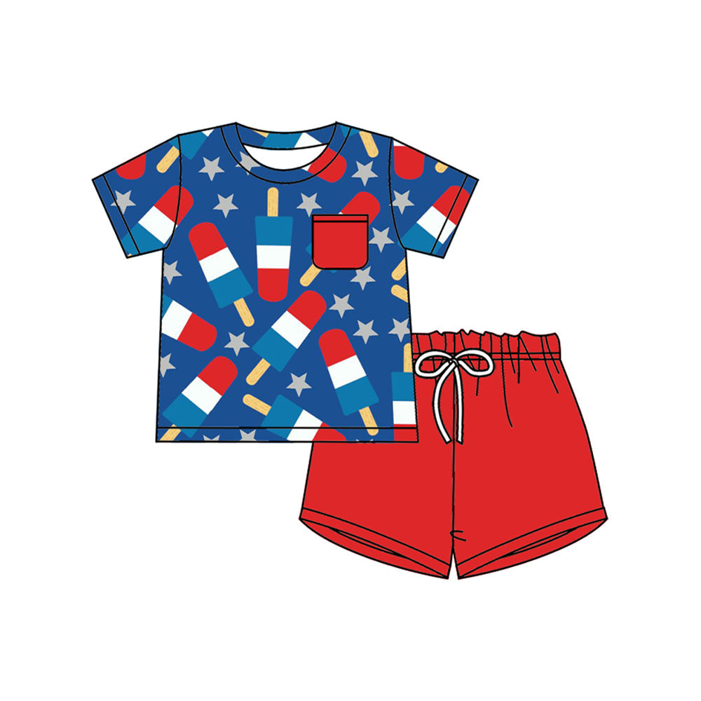Preorder Baby Boy Short Sleeves July 4th Popsicle Stars Shirt Red Shorts Clothes Set