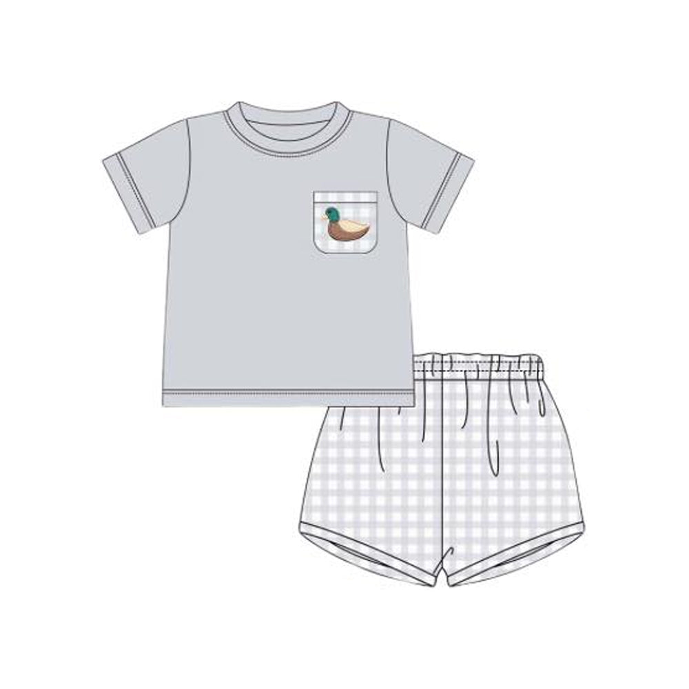 Preorder Baby Boy Grey Short Sleeves Duck Pocket Shirt Checked Shorts Clothes Set