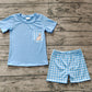 RTS Baby Boy Blue Short Sleeves Dog Pocket Shirt Checked Shorts Clothes Set