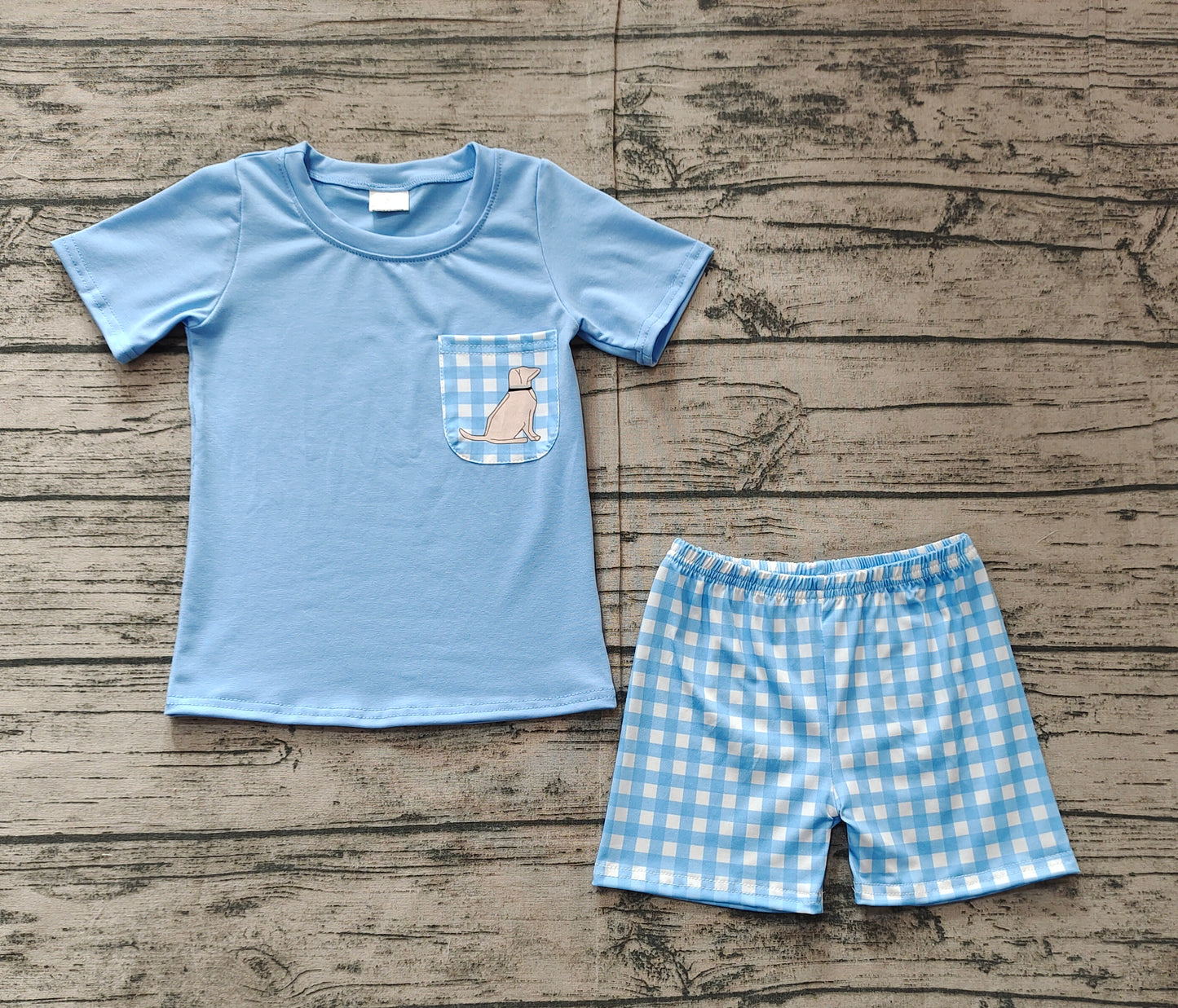 RTS Baby Boy Blue Short Sleeves Dog Pocket Shirt Checked Shorts Clothes Set