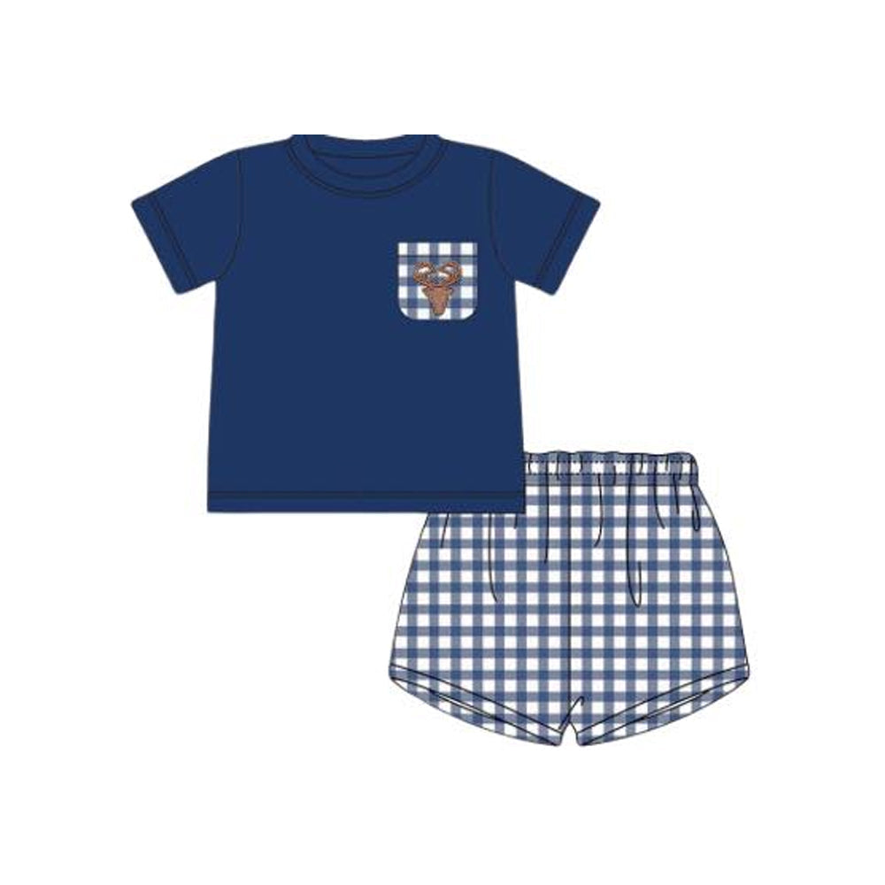 Preorder Baby Boy Short Sleeves Navy Deer Pocket Shirt Checked Shorts Clothes Set