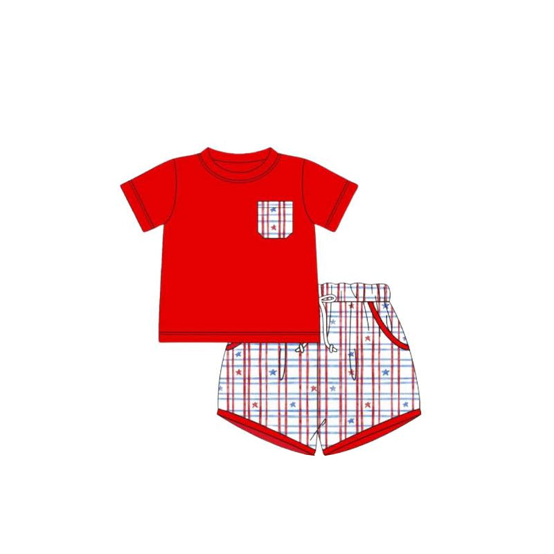 Preorder Baby Boy Red Short Sleeves July 4th Pocket Shirt Flag Shorts Clothes Set