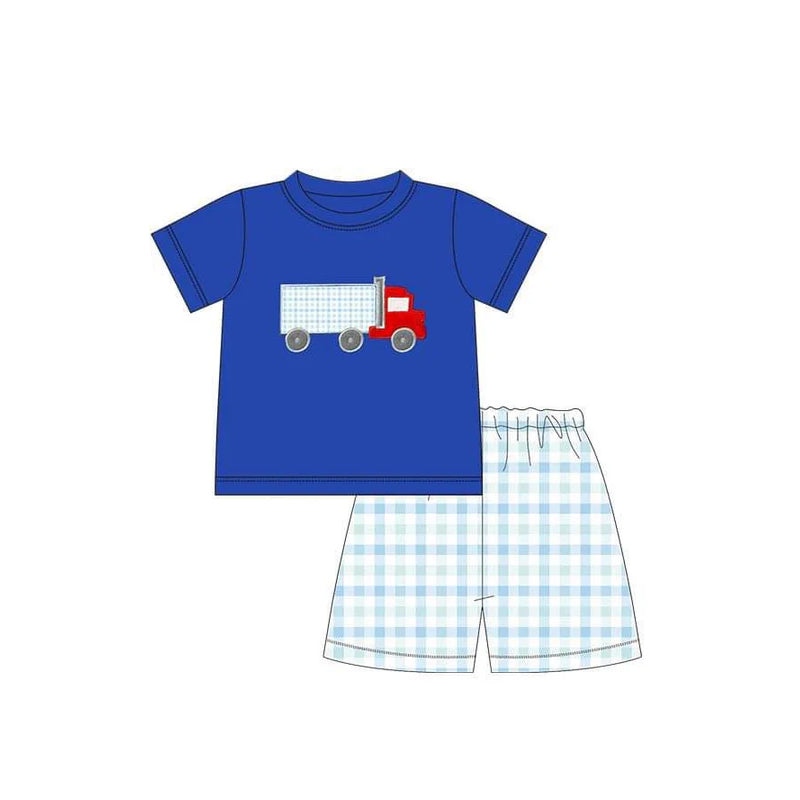 Preorder Baby Boy Short Sleeves Blue Truck Shirt Checkered Shorts Clothes Set