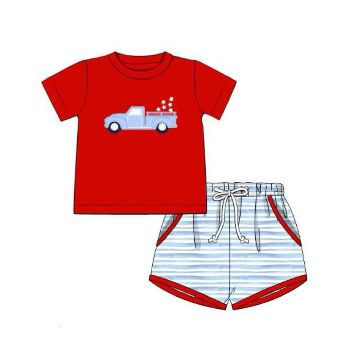 Preorder Baby Boy Red Short Sleeves July 4th Truck Shirt Stripes Pockets Shorts Clothes Set