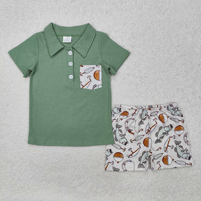 Baby Boy Short Sleeves Green Pocket Sibling Fishing Romper Clothes Set RTS