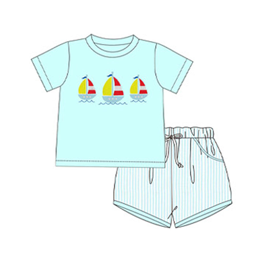 Preorder Baby Boy Short Sleeves Boats Shirt Stripes Pockets Shorts Clothes Set