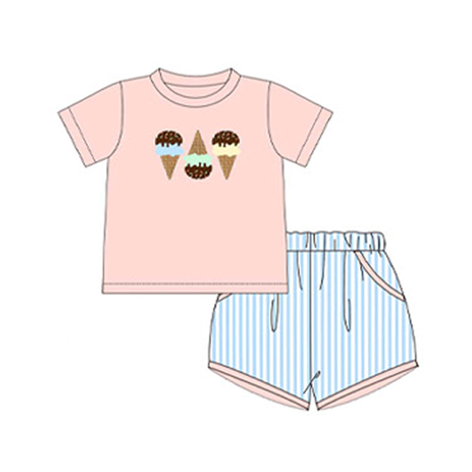 Preorder Baby Boy Short Sleeves Popsticks Shirt Blue Stripes Shorts Clothes Set