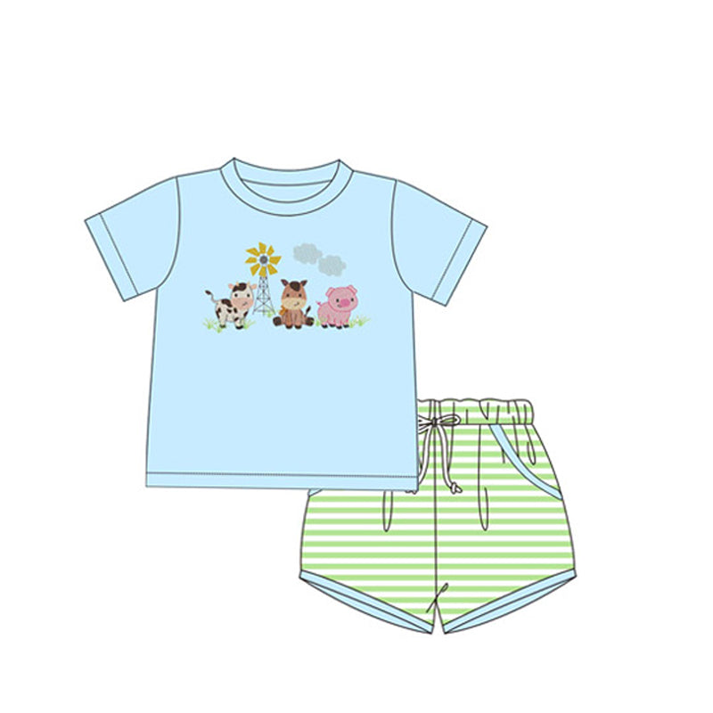 Preorder Baby Boy Short Sleeves Farm Animals Shirt Stripes Shorts Clothes Set