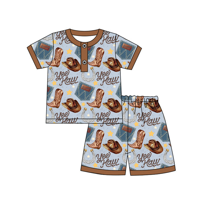 Preorder Baby Boy Short Sleeves Western Boots Shirt Shorts Pajamas Clothes Set