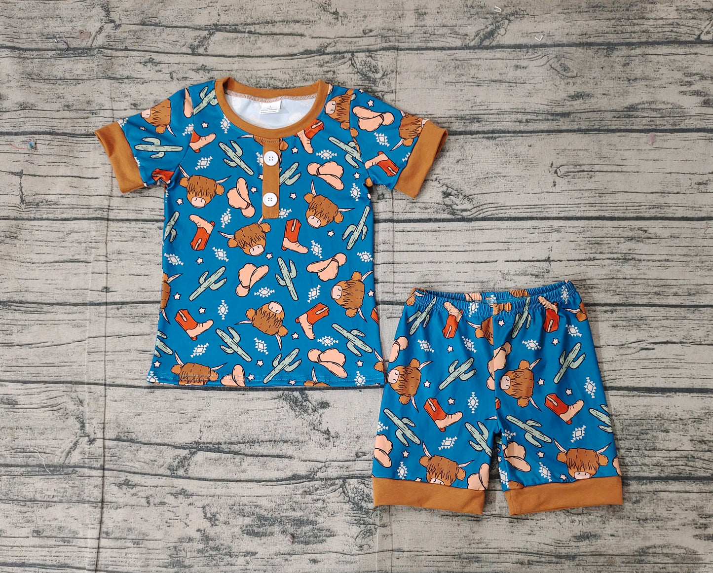 Preorder Baby Boy Short Sleeves Western Cow Cactus Shirts Shorts Pajamas Clothes Set（ No moq ）