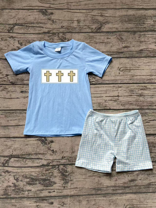 Preorder Baby Boy Short Sleeves Embroidery Easter Cross Blue Shirt Plaid Shorts Clothes Set（ No moq ）