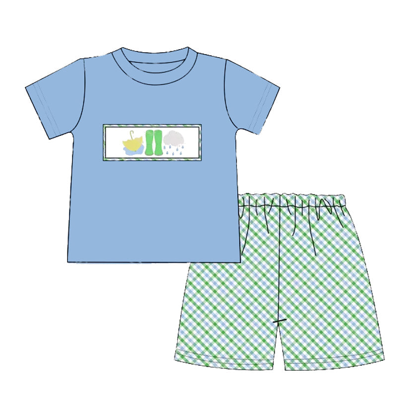 PreorderBaby Boy Blue Short Sleeves Umbrella Blue Shirt Checkered Shorts Clothes Set