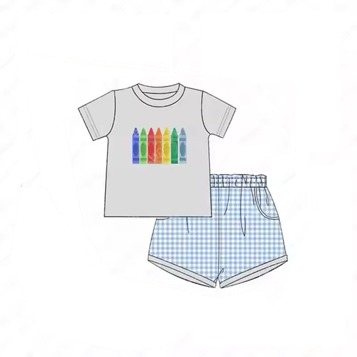 Preorder Baby Boy Short Sleeves Back To School Shirt Blue Plaid Pockets Shorts Clothes Set