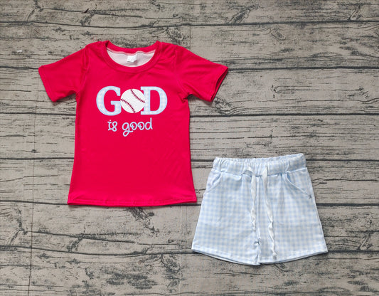 Preorder Baby Boy Short Sleeves God is Good Baseball Red Shirt Checked Pockets Shorts Set（ No moq ）