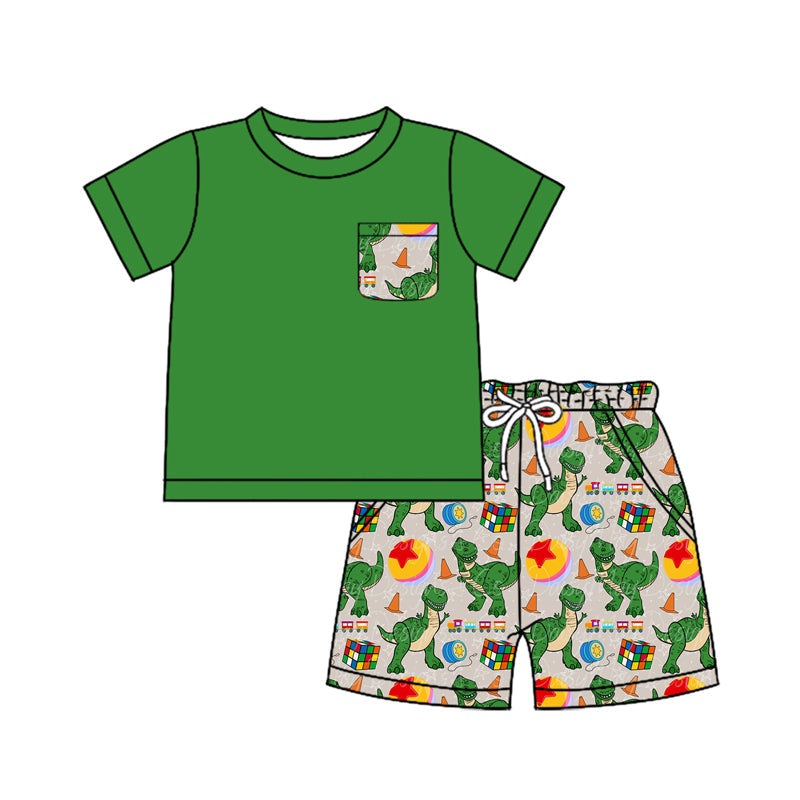 Preorder Baby Boy Green Short Sleeves Pocket Shirt Dinosaurs Toys Shorts Clothes Set