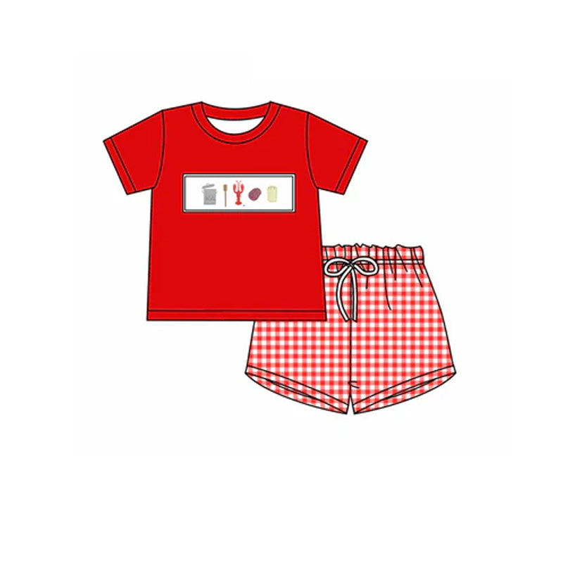 Preorder Baby Boy Short Sleeves Crawfish Shirt Checkered Shorts Clothes Red Set