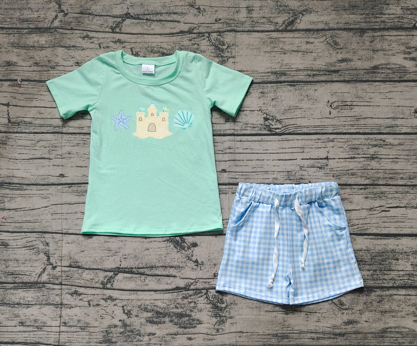 Preorder Baby Boy Embroidery Castle Shell Shirt Blue Checked Shorts Clothes Set ( No moq )