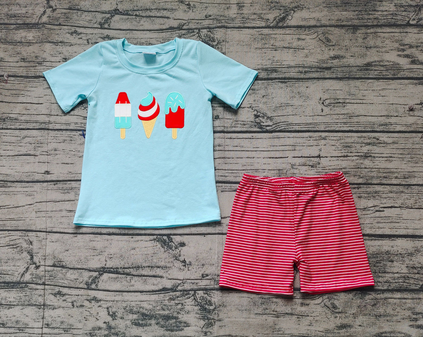 Preorder Baby Boy Short Sleeves Embroidery Popstick Shirt 4th Of July Stripes Red Shorts Set ( No moq )