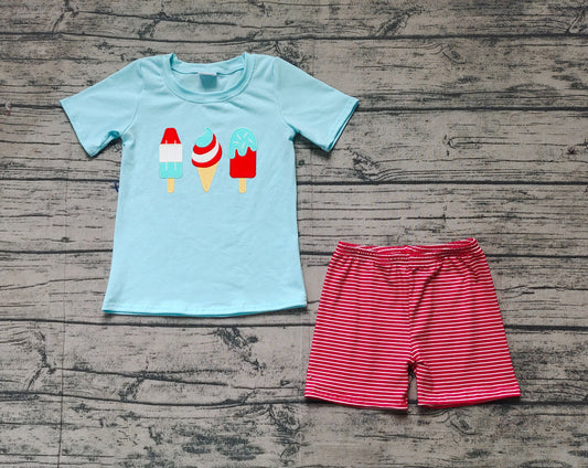 Preorder Baby Boy Short Sleeves Embroidery Popstick Shirt 4th Of July Stripes Red Shorts Set ( No moq )