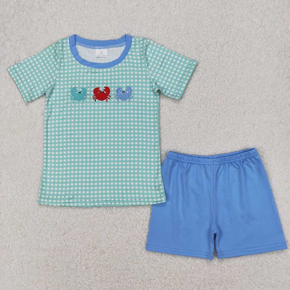 Baby Boy Girl Embroidery Crabs Green Plaid Sibling Summer Romper Outfit Clothes RTS