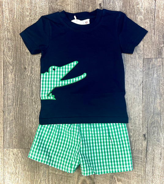Preorder Baby Boy Short Sleeves Crocodile Shirt Plaid Shorts Clothes Set ( Moq 5 )