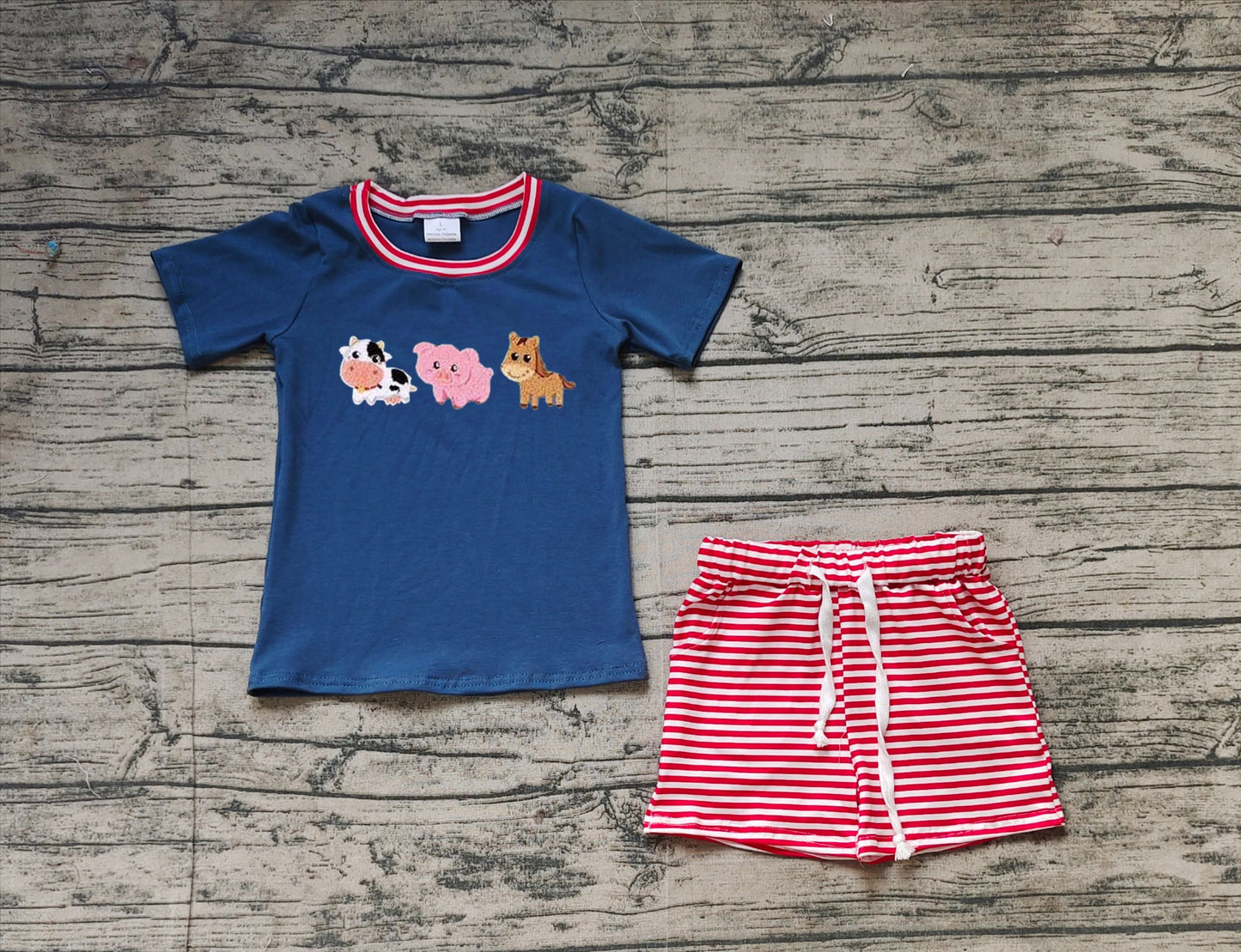 Preorder Baby Boy Short Sleeves Embroidery Farm Animals Shirt Stripes Shorts Clothes Set ( No moq )