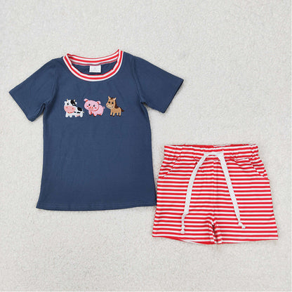 Baby Boy Girl Short Sleeves Embroidery Farm Animals Sibling Set Clothes RTS