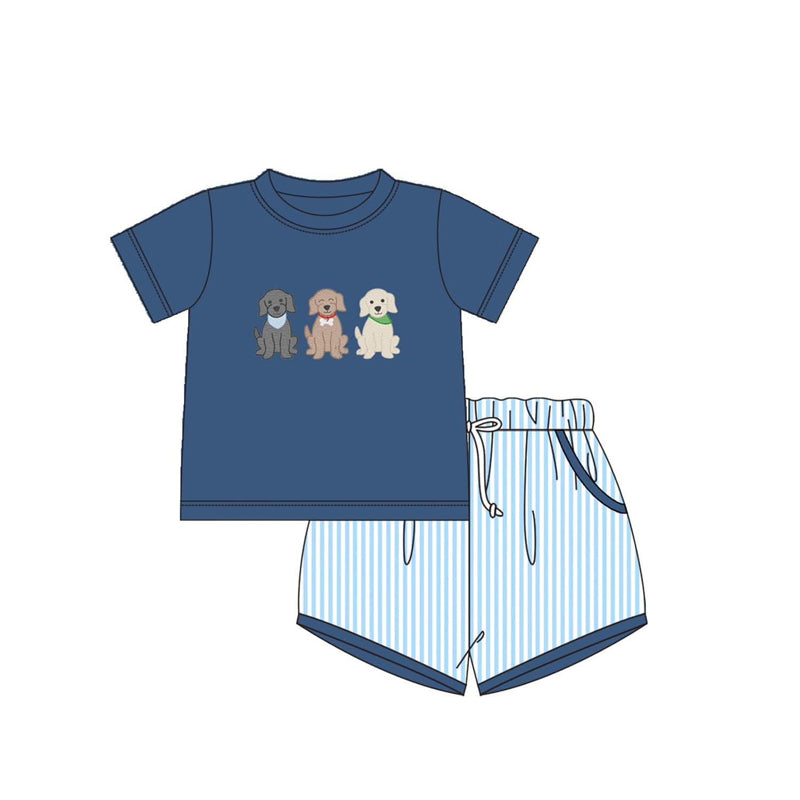 Preorder Baby Boy Short Sleeves Dogs Shirt Stripes Shorts Clothes Set ( Moq 5 )