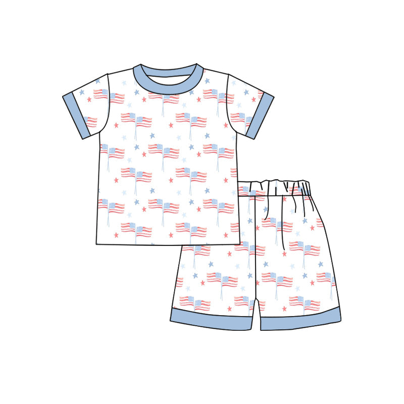 Preorder Baby Boy Short Sleeves Flags Bows Shirt Shorts Pajamas July 4th Set ( Moq 5 )