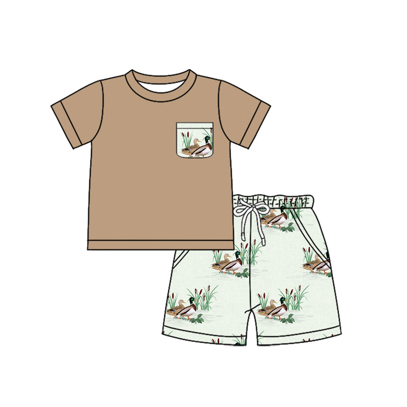 Preorder Baby Boy Short Sleeves Brown Pocket Duck Shorts Clothes Set ( Moq 5 )