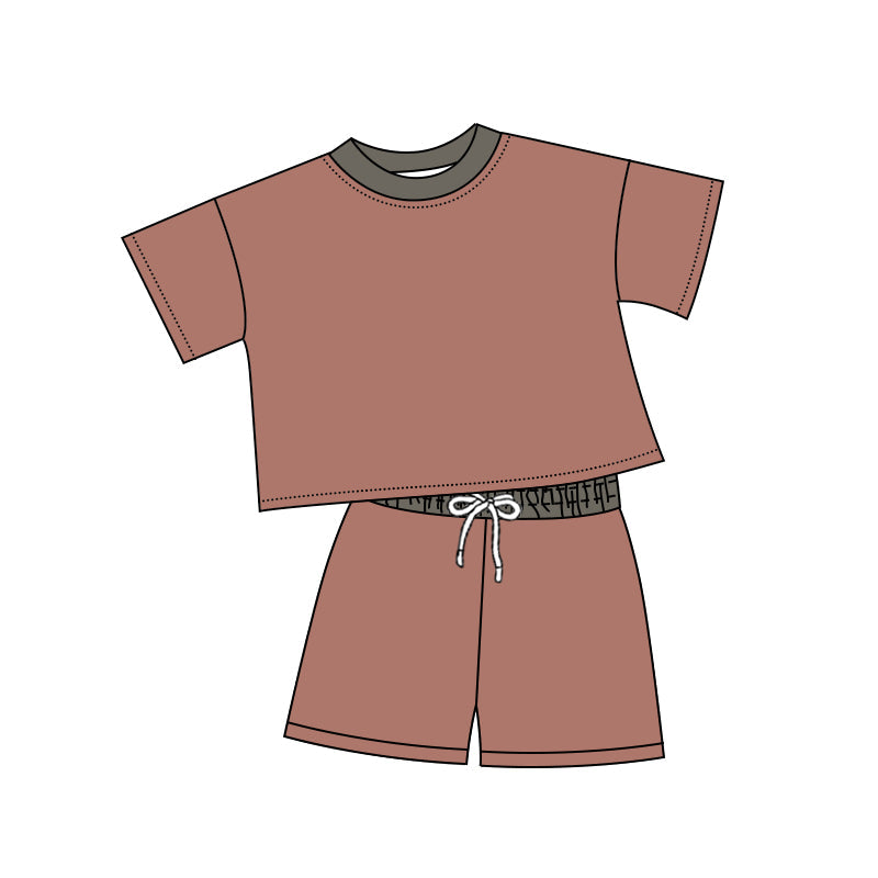 Preorder Baby Kids Toddler Short Sleeves Brown Shirt Shorts Clothes Cotton Set ( Moq 5 )