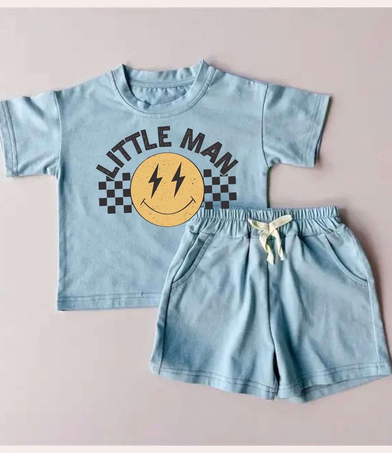 Preorder Baby Boy Kids Toddler Little Man Smile Shirt Pockets Shorts Clothes Set ( Moq 5 )