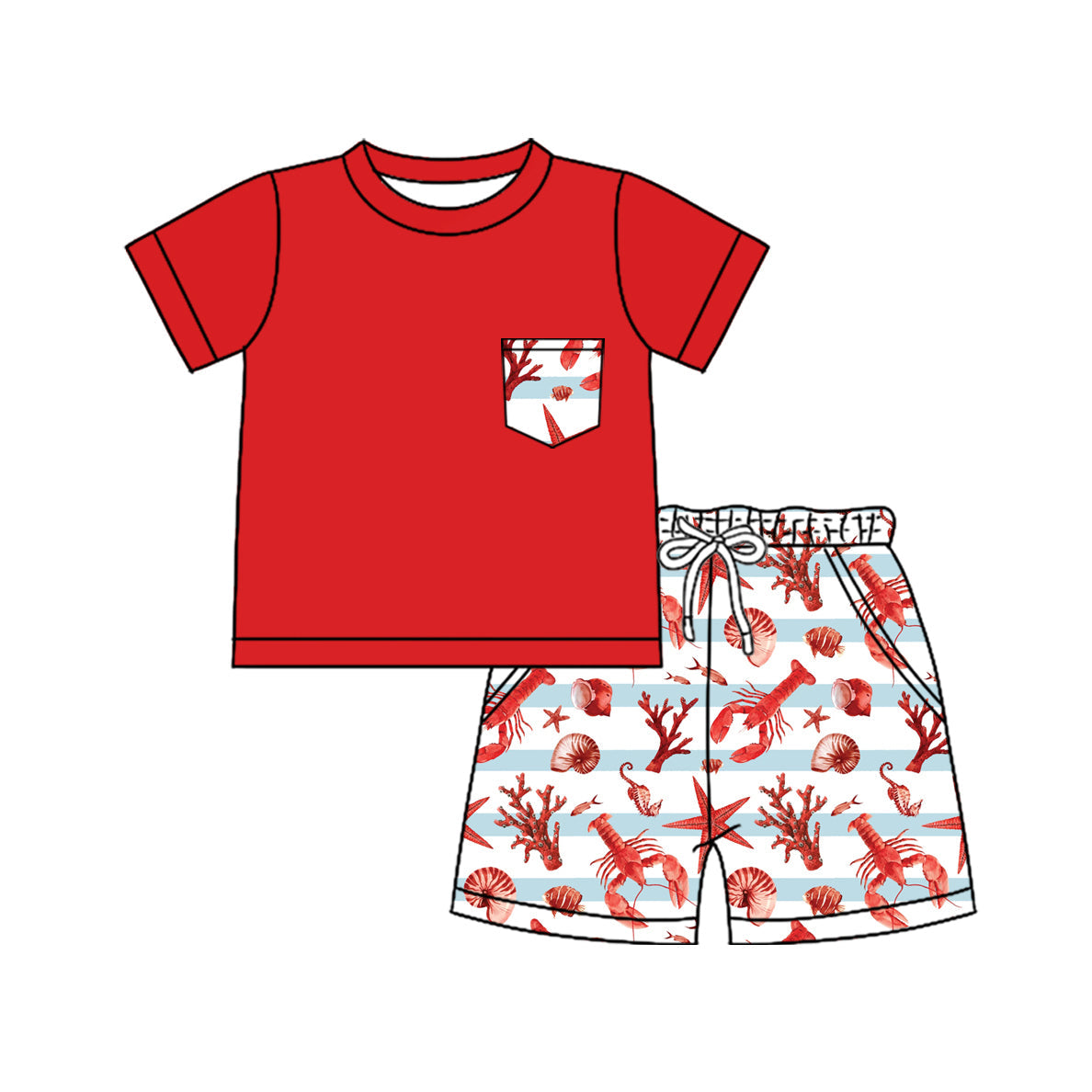 Preorder Baby Boy Kids Toddler Pocket Red Shirt Crawfish Pockets Shorts Clothes Set ( Moq 5 )