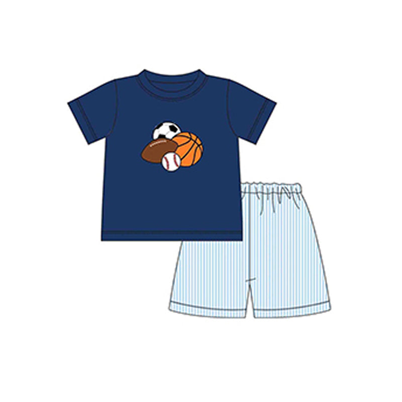 Preorder Baby Boy Balls Sports Navy Shirt Stripes Shorts Clothes Set ( Moq 5 )